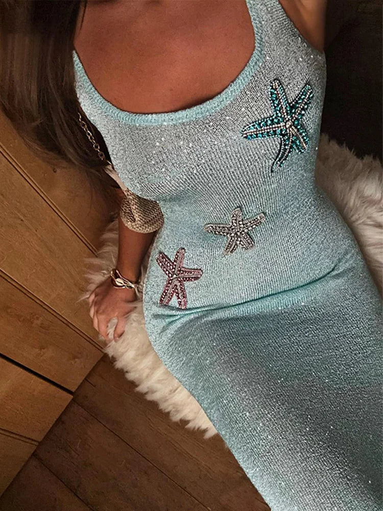 Sleeveless Scoop Neck Starfish Applique Bodycon Midi Dress