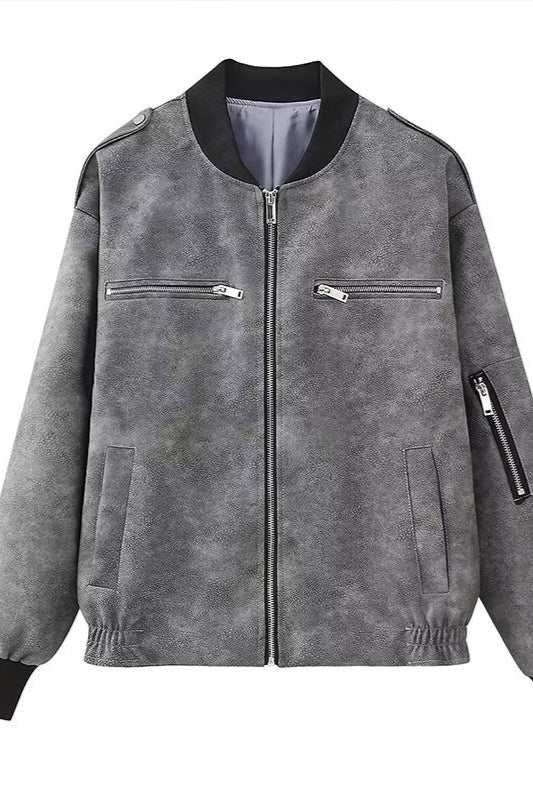 Washed Faux Leather Bomber Jacket