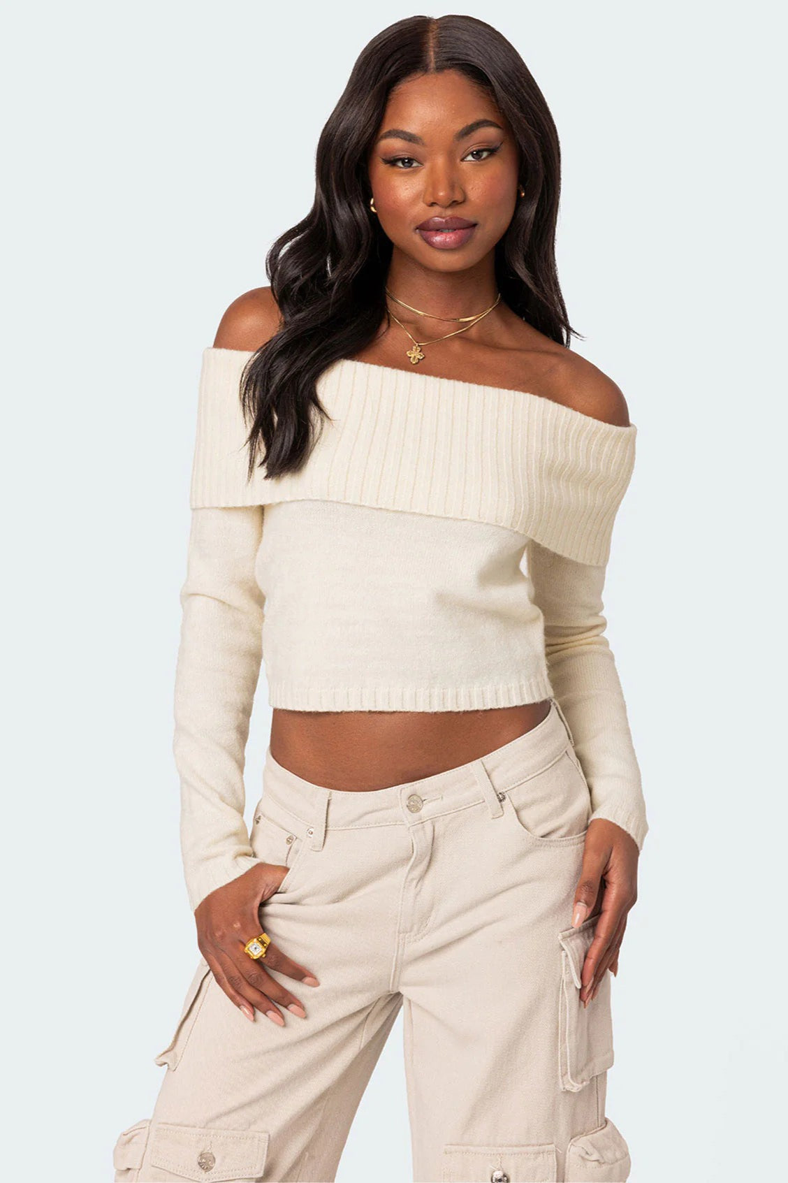 Solid Off Shoulder Pullover Sweater