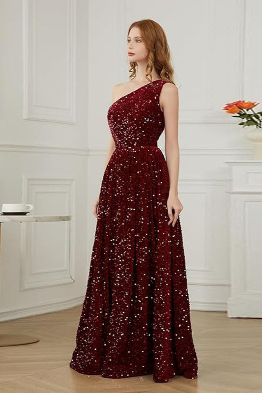 Sequin Embellished One-Shoulder A-Line Maxi Gown