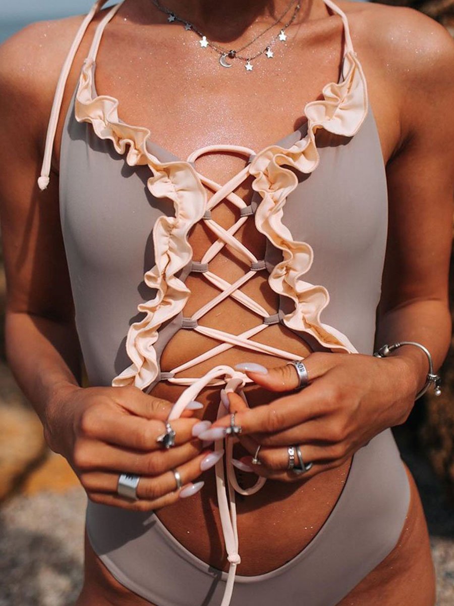 Hollow-out Design Flounce One-piece Swimsuit (2 Colors) - Fashionpara