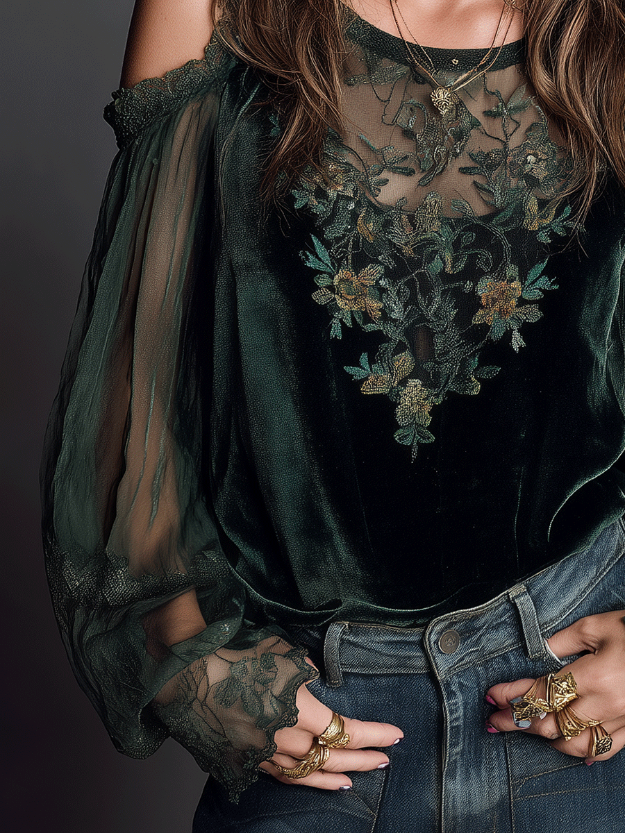 Romantic Embroidered Emerald Green Velvet Blouse
