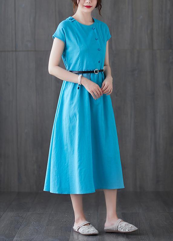 Round Neck Cap Sleeve Asymmetric Button Belted A-Line Midi Dress