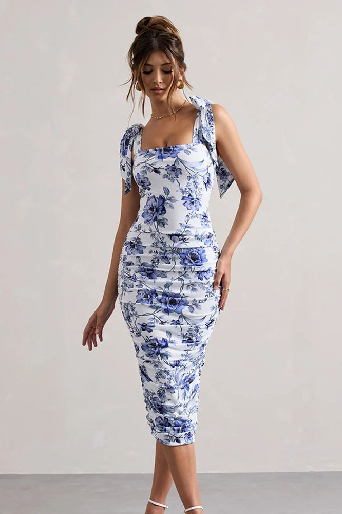 Vintage Floral Print Ruched Maxi Dress