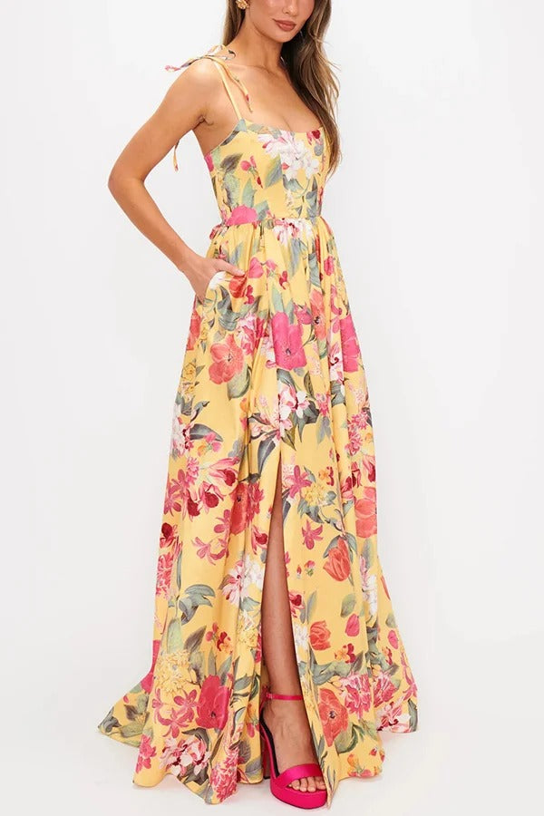 Garden Wedding Floral Print Back Tie-up Pocketed Slit Maxi Dress - Fashionpara