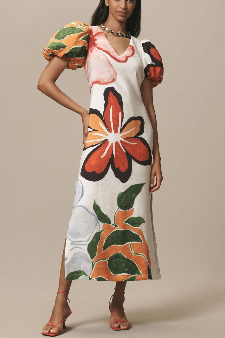 Summer Gala Floral Print Puff-Sleeve A-Line Slit Maxi Dress - Fashionpara