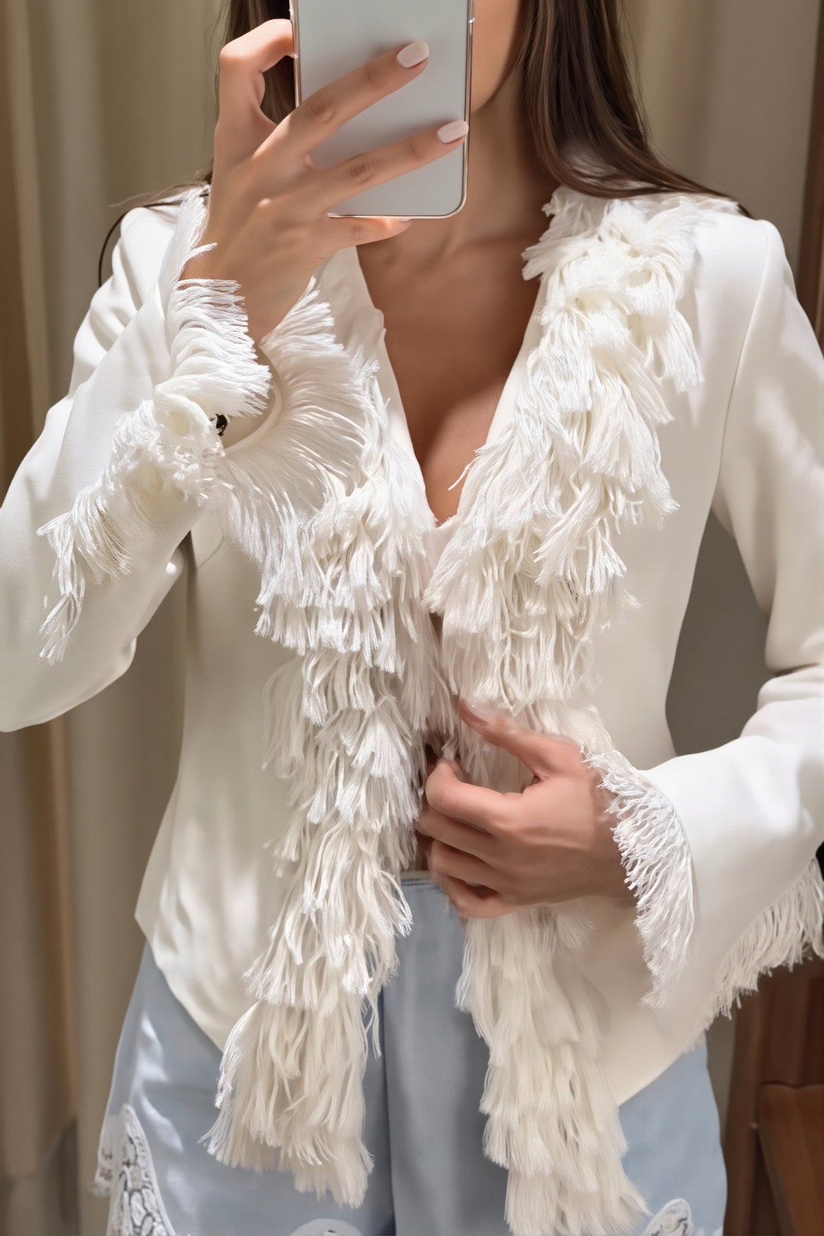 Layered Fringe Trim Fitted Coat