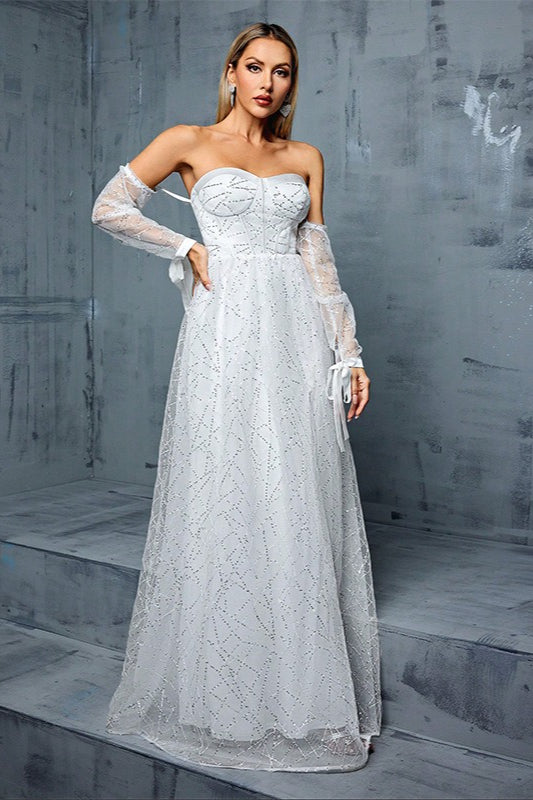 Glitter Tulle Strapless Corset Off Shoulder Sleeve Maxi Gown