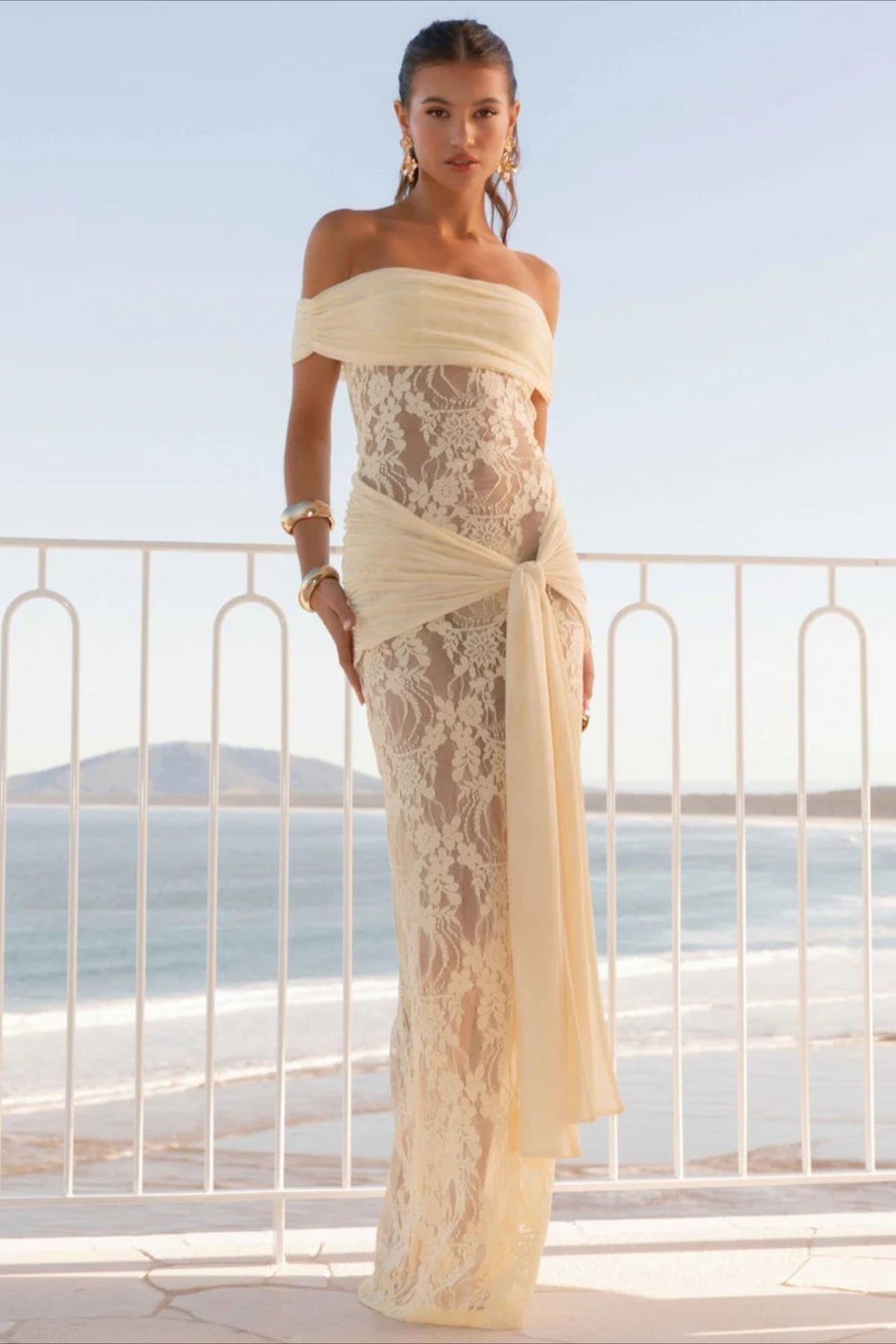 Off Shoulder Floral Lace Draped Sheer Maxi Gown
