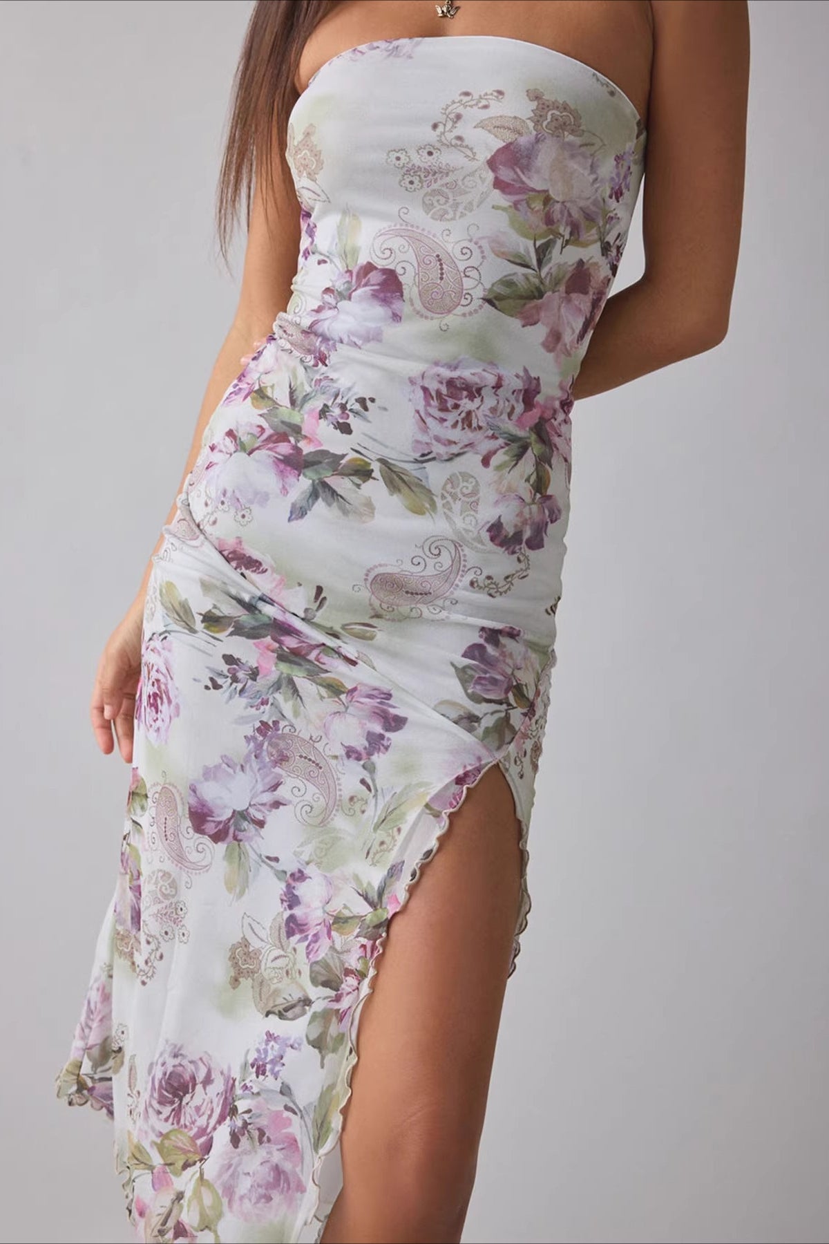 Gradient Print Mesh Strapless High Split Bias Midi Dress
