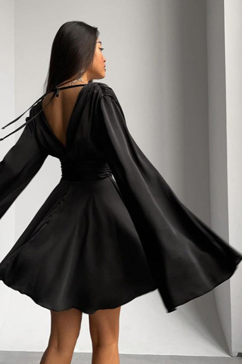 Satin Plunge V-Neck Flared Sleeve Wrap Mini Dress 4