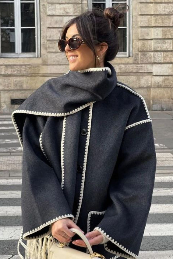 Wool Blend Scarf Fringe Coat - Fashionpara