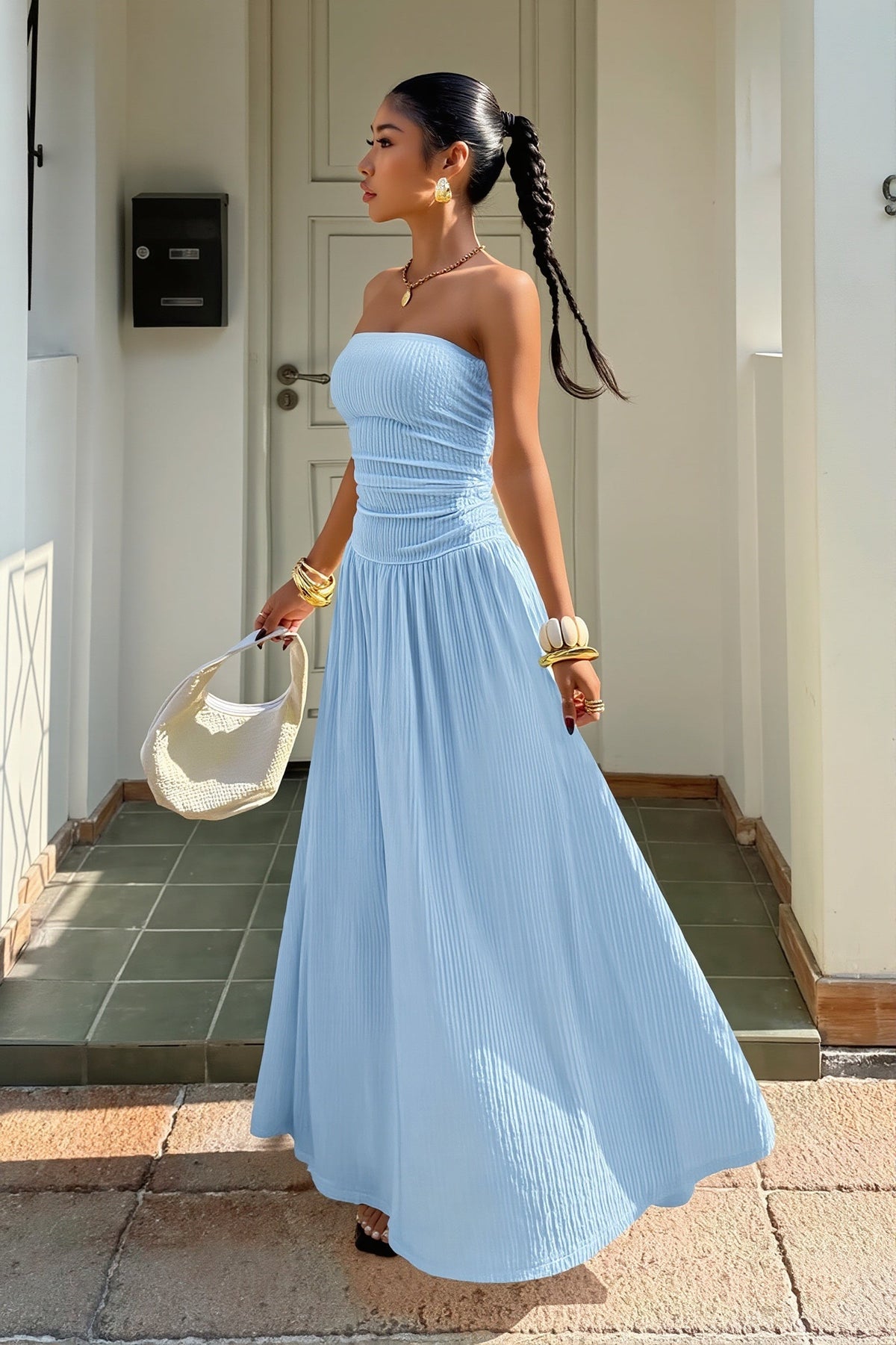Strapless Ruched Drop Waist A-Line Maxi Dress