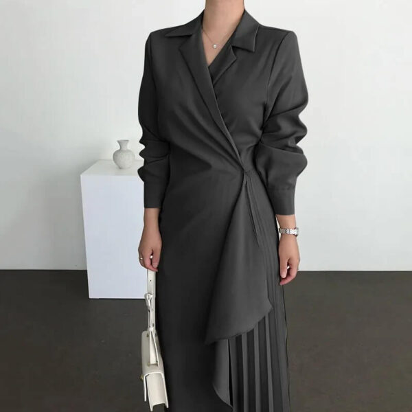 Tailored Lapel-Collar Knot-Waist Wrap Maxi Dress