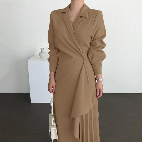 Tailored Lapel-Collar Knot-Waist Wrap Maxi Dress