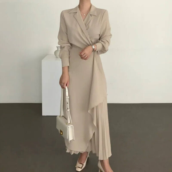 Tailored Lapel-Collar Knot-Waist Wrap Maxi Dress