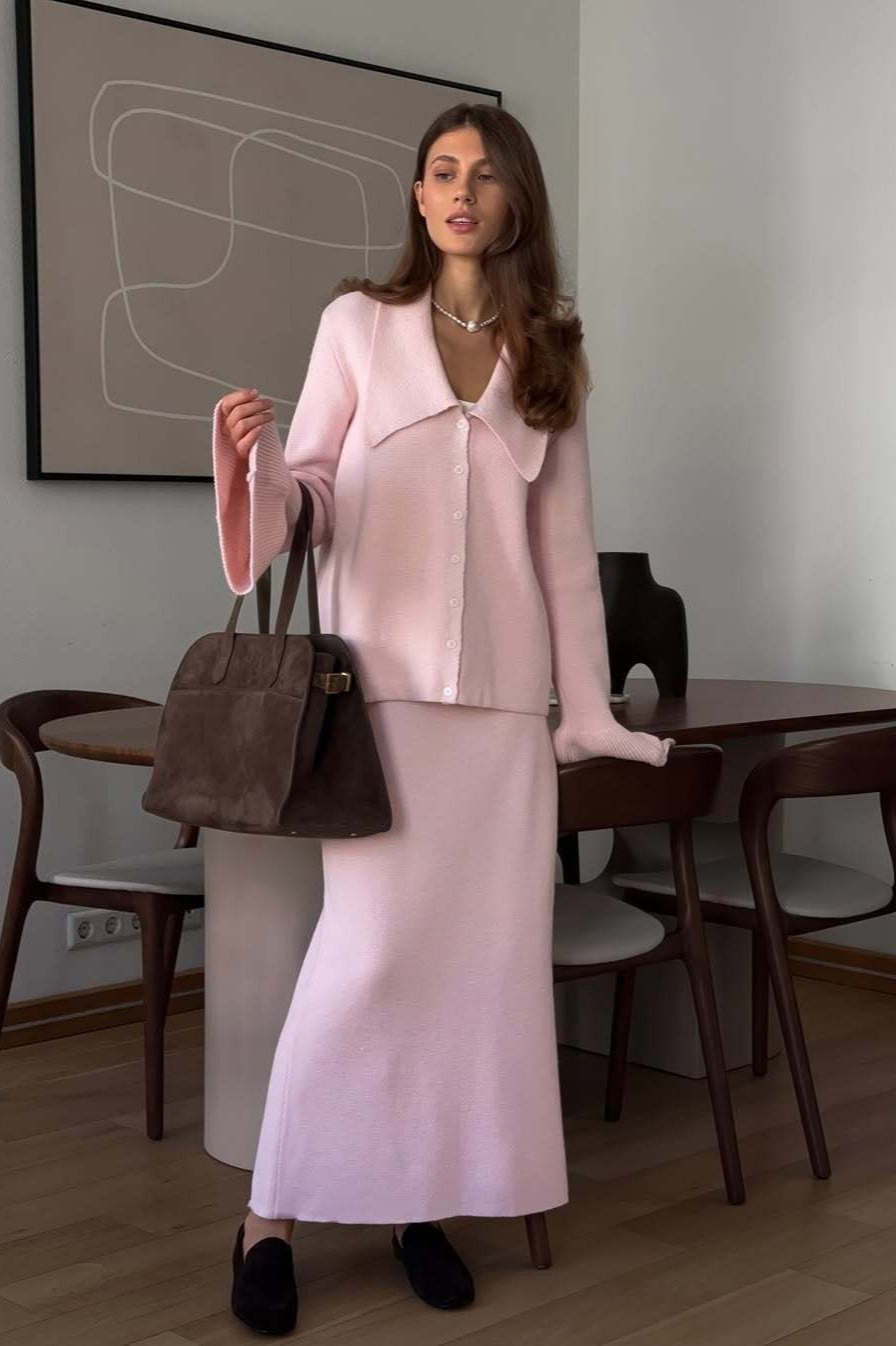 Elegant Pink Bell-Sleeve Cardigan and Straight Skirt Set