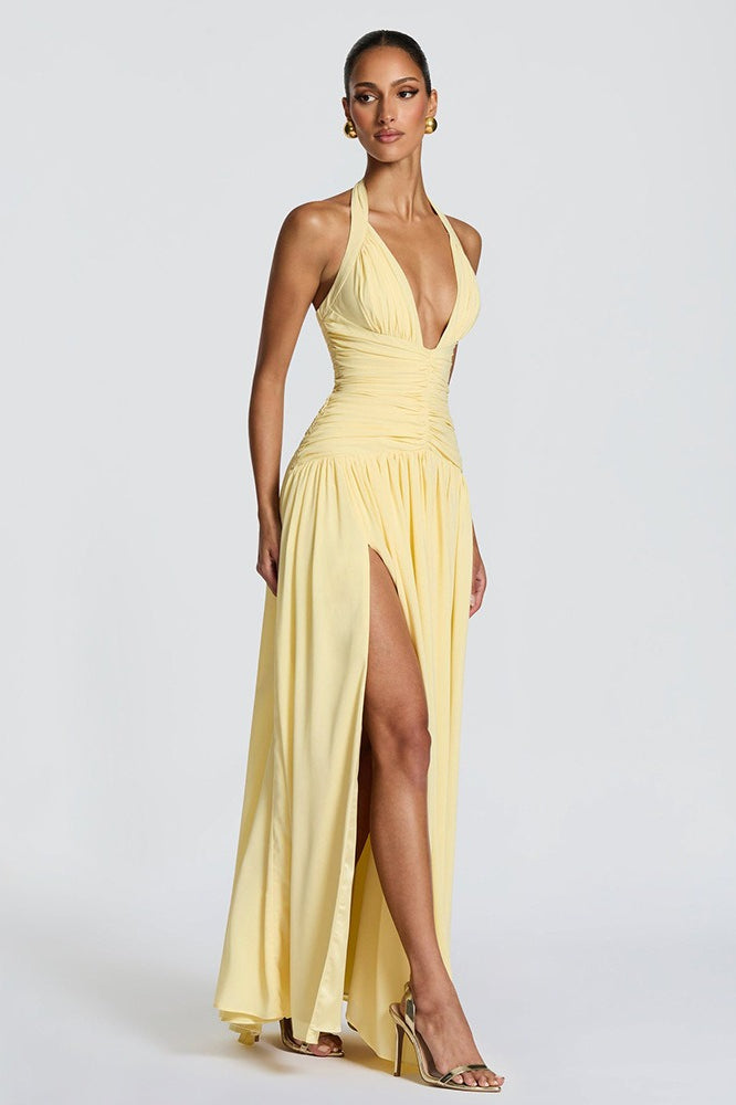 Halter Deep V-Neck Ruched High-Slit Maxi Dress