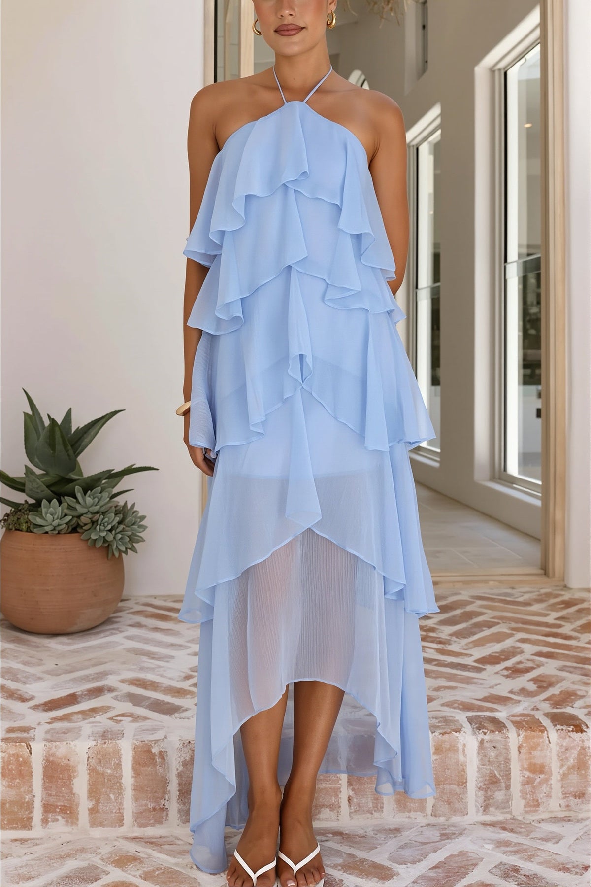 Floral Halter Tiered Ruffle High Low Midi Dress 18