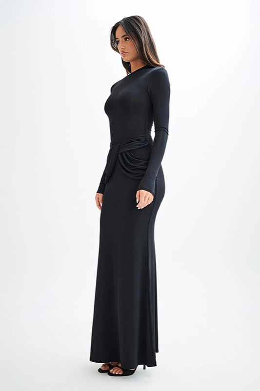 Crew Neck Long Sleeve Ruched-Waist Maxi Dress 8
