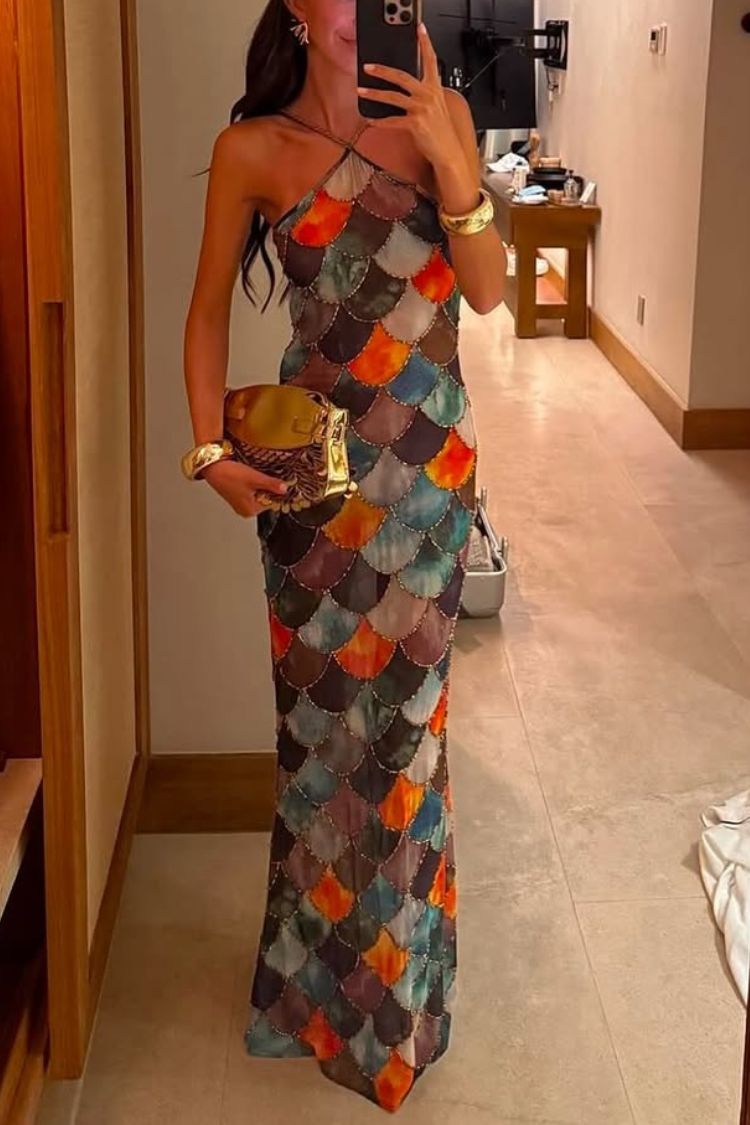 Little Mermaid Colorful Scales Print Halter Maxi Dress - Fashionpara