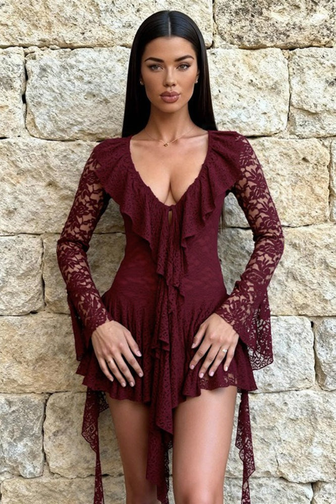 Lace Deep V-Neck Long Sleeve Ruffle Mini Dress 13