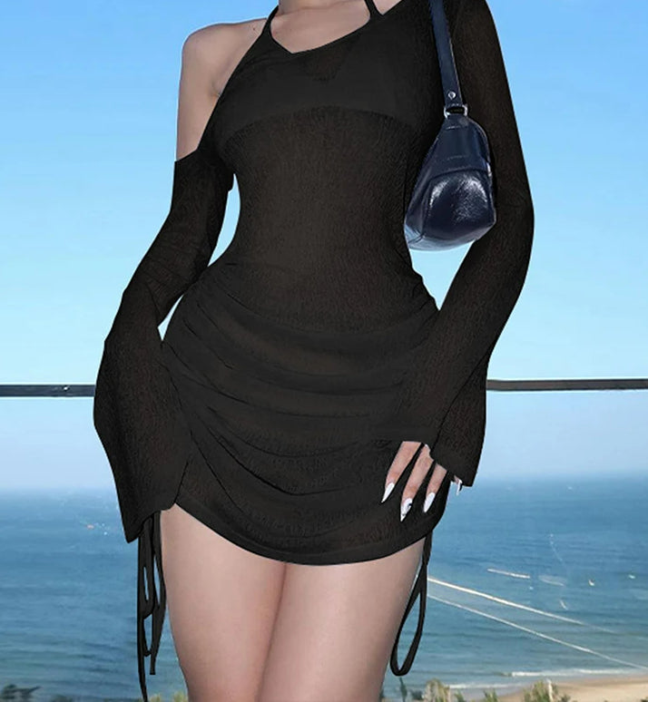 Skew Collar Drawstring Mini Dress