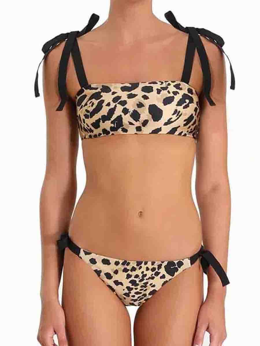 Self Tie Bandeau Leopard Print Two Pieces Swimsuit - Fashionpara