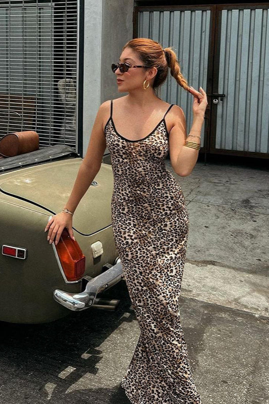 Leopard Print Scoop Neck Sleeveless Bodycon Maxi Dress