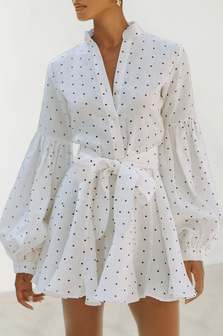 Polka Dot Lantern Sleeve Tie Mini Dress