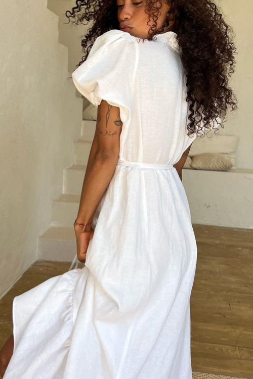 Linen Ruffle V-Neck Puff Sleeve Tiered Maxi Dress 3
