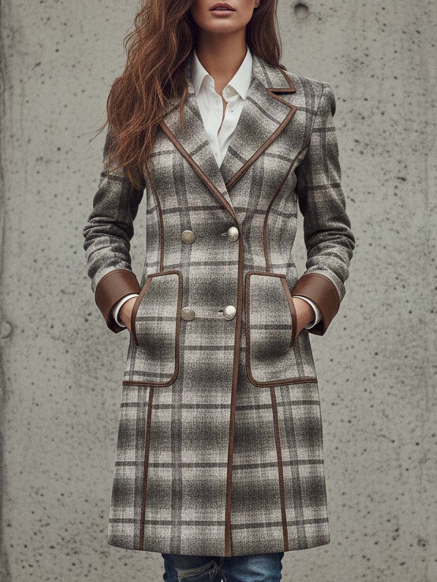 Plaid Print Faux Suede Coat With Leather Trim - Fashionpara