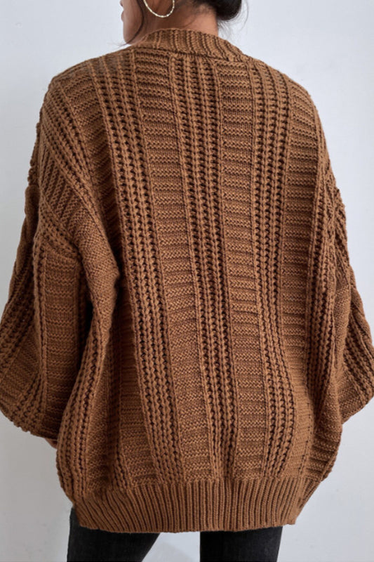 Vintage Cable Knit V-Neck Cardigan with Balloon Sleeves