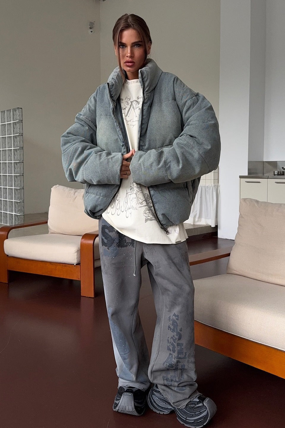 Washed Denim Stand Collar Puffer Jacket