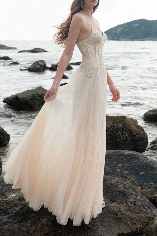 Lace Corset Strapless Tulle Maxi Gown 5