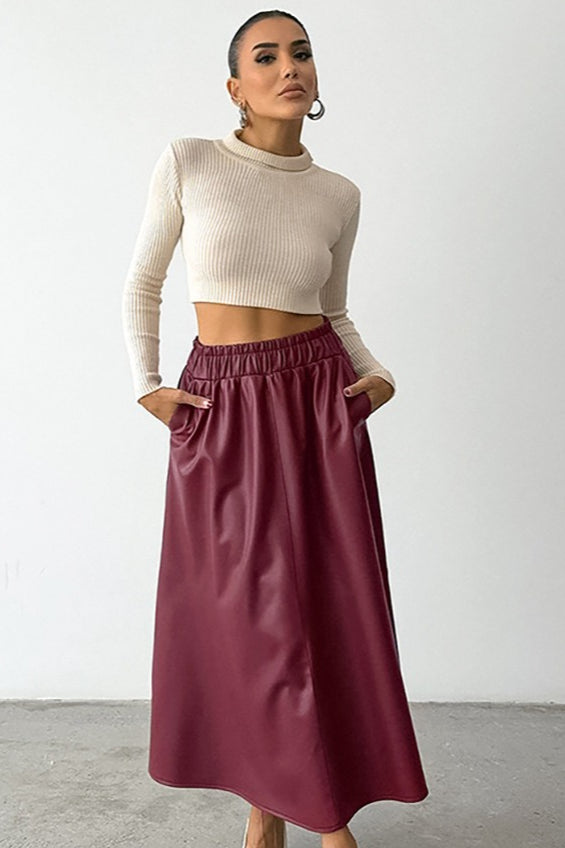 Angora Red Satin Faux Leather Skirt