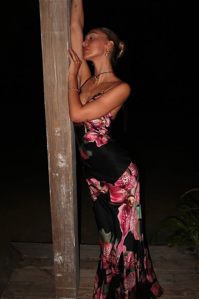 Floral Print V-Neck Lace Trim Satin Slip Midi Dress