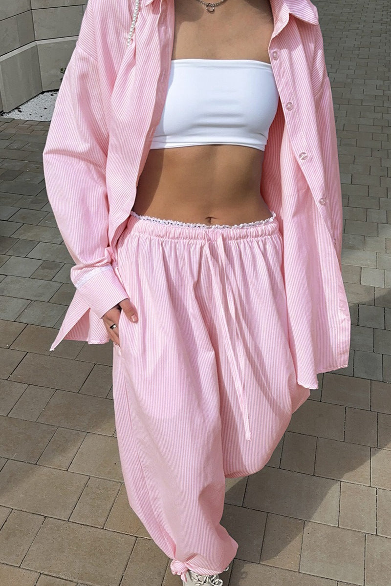 Striped Button Shirt Tie Waist Pants Set