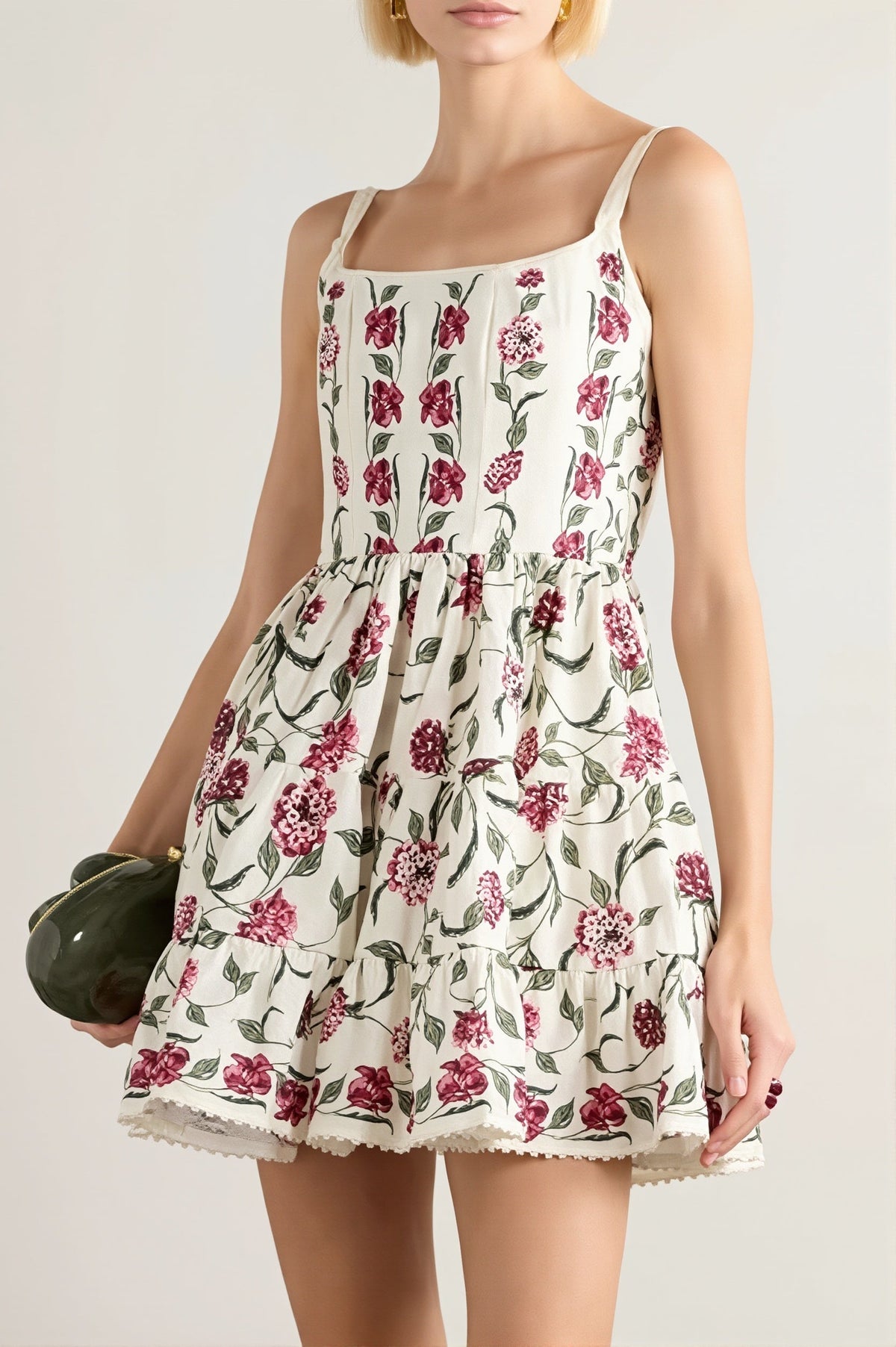 Floral Square Neck Lace Trim Tiered Mini Dress