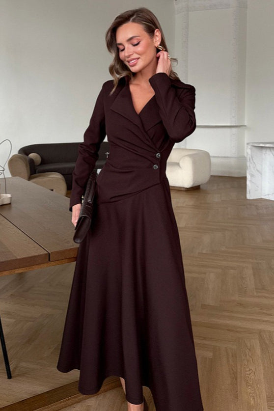 Collared Long Sleeve Wrap Button Fit & Flare Midi Dress