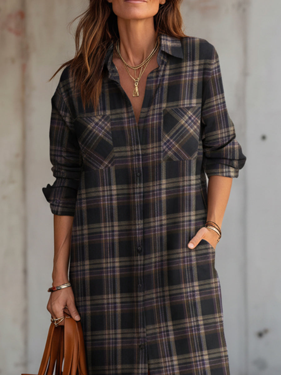 Retro Wool Plaid Straight Shirt Mid-length Dress - Fashionpara