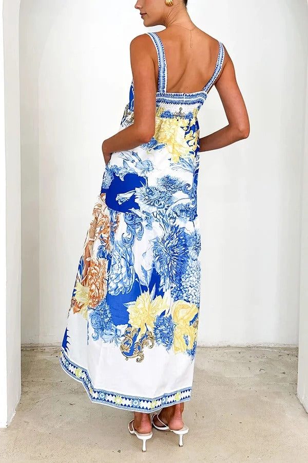 Unique Printed Square Neck Backless Pocket Maxi Dress - Fashionpara
