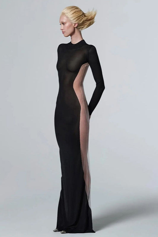Sexy Sheer Mesh Insert High Waist Bodycon Maxi Dress