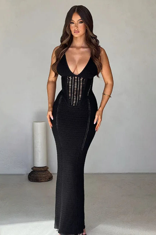 Crochet Knit Plunge Corset Mermaid Maxi Dress