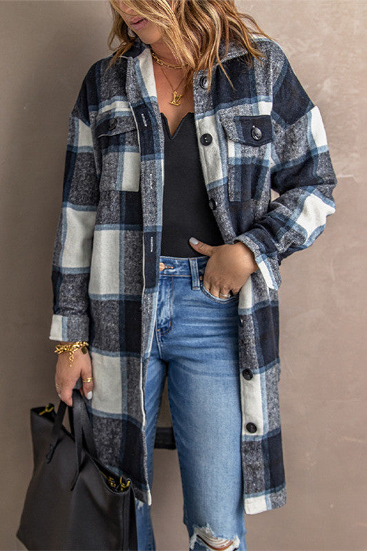 Lapel Knit Long casual Tweed Plaid Jacket