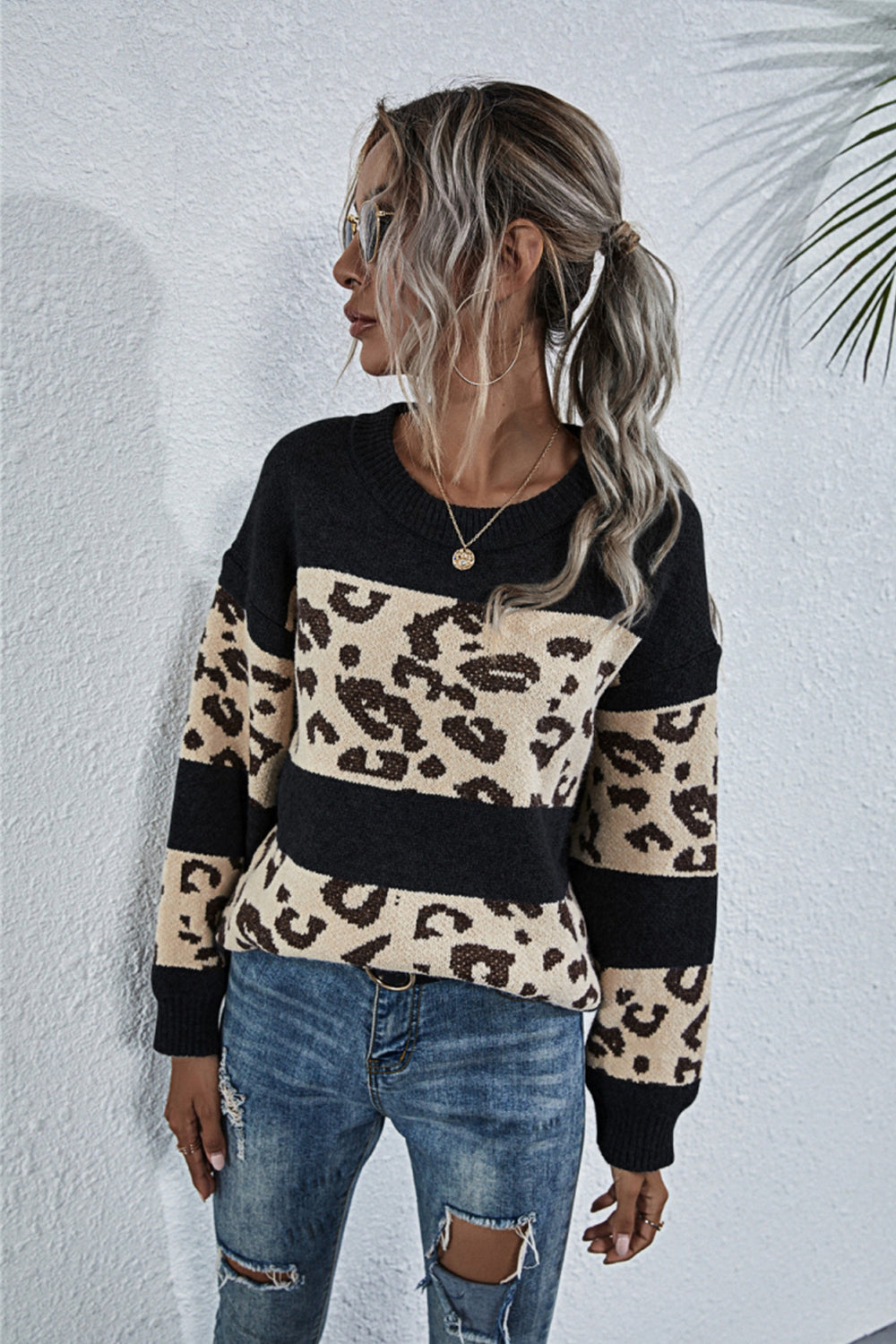 RadyRin Stylish Leopard Print Crew Neck Sweater for Comfort