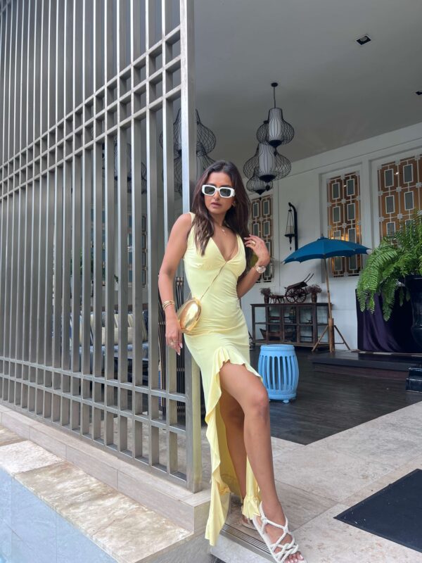 Satin V-Neck Strappy Side-Slit Ruffle-Hem Maxi Dress 2