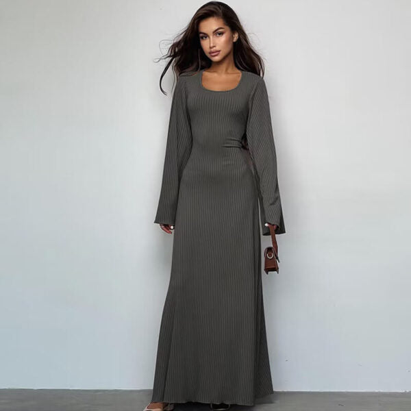 Ribbed Scoop-Neck Flared-Sleeve Column Maxi Dress