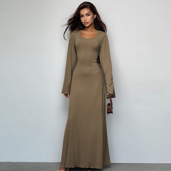 Ribbed Scoop-Neck Flared-Sleeve Column Maxi Dress