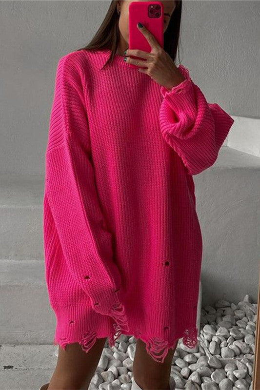 Ripped O Neck Oversized Sweater Dress for Effortless Style
